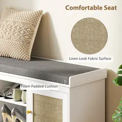 HOMCOM Boho Shoe Storage Bench with Padded Cushion and Rattan Doors - White - 5