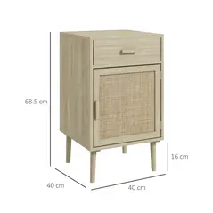 HOMCOM Bedside Table Set of 2, Rattan Side Tables with Drawer, Cabinet and Adjustable Shelf, Boho Bedside Cabinet with Storage for Bedroom, Living Room, Natural Wood Effect - 3