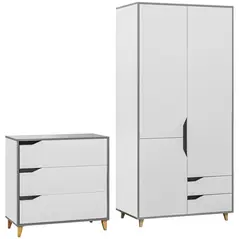 HOMCOM Bedroom Furniture Set, Wardrobe with Hanging Rail, 3 Drawer Chest of Drawers with Cut-out Handles, Grey and White - 1
