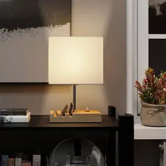 HOMCOM Bedside Lamp with USB A+C Charging Ports and 3 Phone Stands, Modern Table Lamp with Solid Wood Base and Fabric Shade for Bedroom Living Room Office, E27 Socket, Bulb Not Included, White - 8