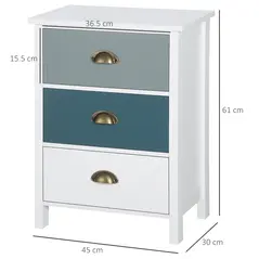 HOMCOM Bedside Table Set of 2 Chest of 3 Drawers Shabby Chic Nightstands with Metal Handle Sofa Side Table for Living Room, Bedroom,Grey and blue - 3