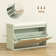 HOMCOM Boho Shoe Bench with Padded Seat and Flip-Drawer - Light Green - 3