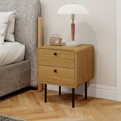 HOMCOM Bedside Table with 2 Drawers and Steel Legs - Oak - 9
