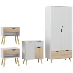 HOMCOM Bedroom Furniture Set, Wardrobe with Hanging Rail, Bedside Table, Floor Cabinet with Storage, Nature Wood Finish and White - 1