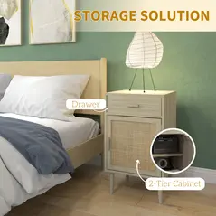 HOMCOM Bedside Table Set of 2, Rattan Side Tables with Drawer, Cabinet and Adjustable Shelf, Boho Bedside Cabinet with Storage for Bedroom, Living Room, Natural Wood Effect - 5