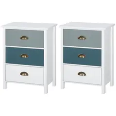 HOMCOM Bedside Table Set of 2 Chest of 3 Drawers Shabby Chic Nightstands with Metal Handle Sofa Side Table for Living Room, Bedroom,Grey and blue - 1