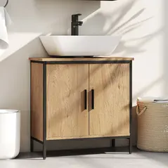 HOMCOM Bathroom Vanity Unit, Under Sink Storage Cabinet with 2 Doors, Adjustable Shelf for Basin without or with Pedestal, Oak - 8