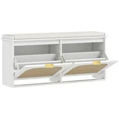 HOMCOM Boho Shoe Bench with Padded Seat and 2 Flip-Drawers - White - 1