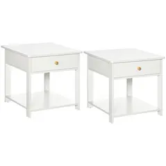 HOMCOM Bedside Table with Drawer and Bottom Shelf, Square Side End Table for Bedroom, Living Room, White, Set of 2 - 1