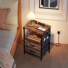 HOMCOM Bedside Table with Charging Station - Rustic Brown - 8