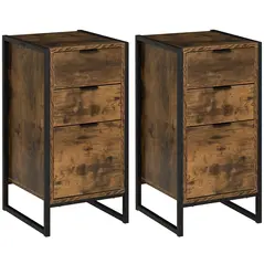 HOMCOM Bedroom Chest of Drawers Set of 2, Industrial 3-Drawer Dresser, Storage Drawers Unit with Metal Frame for Living Room, Rustic Brown - 1
