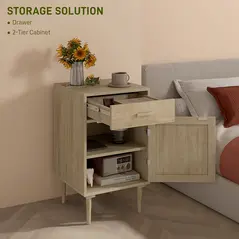 HOMCOM Bedside Table, Rattan Side Tables with Drawer, Cabinet and Adjustable Shelf, Boho Bedside Cabinet with Storage for Bedroom, Living Room, Natural Wood Effect - 5
