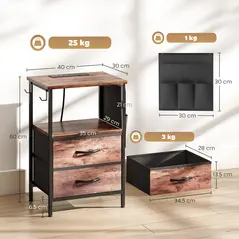 HOMCOM Bedside Table with Charging Station - Rustic Brown - 3