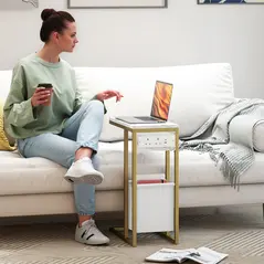HOMCOM C Shaped Side Table with Charging Station and Faux Marble Top - White - 2
