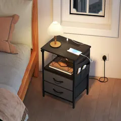 HOMCOM Bedside Table with Charging Station - Black - 8