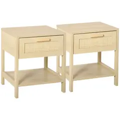 HOMCOM Bedside Table Set of 2 with Rattan Drawer, Rustic Side Tables with Storage Shelf for Bedroom, Living Room, Natural - 1