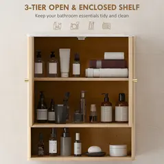 HOMCOM Bathroom Wall Cabinet with Adjustable Shelf - Oak - 4