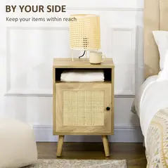 HOMCOM Bedside Table with Rattan Element, Side End Table with Shelf and Cupboard, 39cmx35cmx60cm, Natural - 4