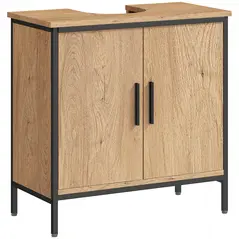 HOMCOM Bathroom Vanity Unit, Under Sink Storage Cabinet with 2 Doors, Adjustable Shelf for Basin without or with Pedestal, Oak - 1