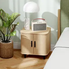 HOMCOM Bedside Table, Nordic Side Table with Roller Shutter Style Sliding Doors and Metal Legs for Bedroom, Living Room, Oak Tone - 2