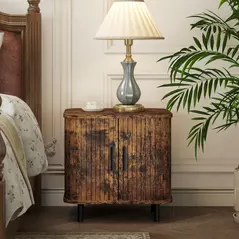 HOMCOM Bedside Table, Nordic Side Table with Roller Shutter Style Sliding Doors and Metal Legs for Bedroom, Living Room, Rustic Brown - 2