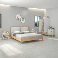 HOMCOM Bedroom Furniture Set, Wardrobe with Hanging Rail, Bedside Table, Floor Cabinet with Storage, Nature Wood Finish and White - 2