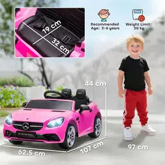 HOMCOM Benz SLC 300  Licensed 12V Kids Electric Ride On, with Music, Remote Control, LED Headlights, Horn, Pink - 3