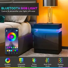 HOMCOM Black Bedside Table with LED Light, High Gloss Front Nightstand with 2 Drawers, for Living Room, Bedroom - 4