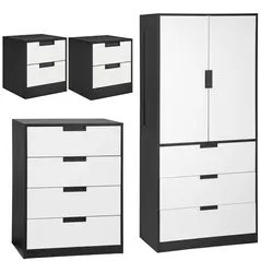 HOMCOM Bedroom Furniture Set, Wardrobe with Hanging Rod, 4 Drawer Chest of Drawers, 2 Bedside Tables with Storage, White and Black - 1