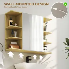 HOMCOM Bathroom Mirror Cabinet with Open Storage Shelves - Natural Wood Finish - 6