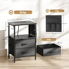 HOMCOM Bedside Table with Charging Station - Black - 3