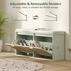 HOMCOM Boho Shoe Bench with Padded Seat and 2 Flip-Drawers - Light Green - 7