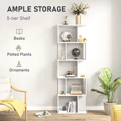 HOMCOM Bookcase, S-Shaped Wooden Bookshelf, 5 Tiers Freestanding Storage Shelf, Home Office Display Stand Rack, White - 4