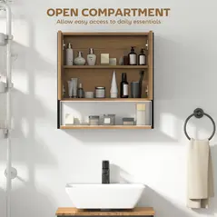 HOMCOM Bathroom Mirror Cabinet with Soft-Close Doors and Adjustable Shelf - Natural Wood Finish - 7