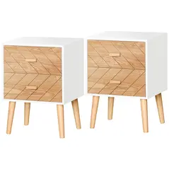 HOMCOM Bedside Table Set of 2, Modern Bedside Cabinets with Drawer and Pine Wood Legs, Nightstand for Bedroom, White and Natural - 1