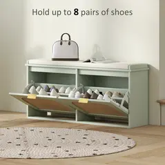 HOMCOM Boho Shoe Bench with Padded Seat and 2 Flip-Drawers - Light Green - 6