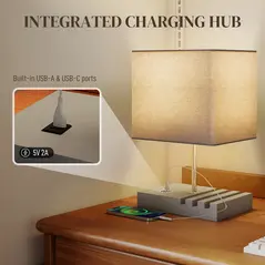 HOMCOM Bedside Lamp with USB A+C Charging Ports and 3 Phone Stands, Modern Table Lamp with Solid Wood Base and Fabric Shade for Bedroom Living Room Office, E27 Socket, Bulb Not Included, Grey - 4