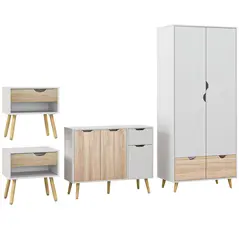 HOMCOM Bedroom Furniture Set, Wardrobe with Hanging Rod, Side Cabinet with Wood Legs, Bedside Table with Drawer, Nature Wood Finish and White - 1