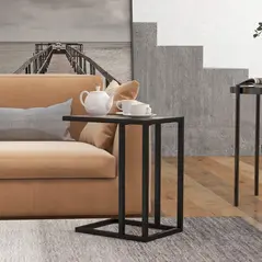 HOMCOM C Shape Bedside Table w/Metal Frame Marble-Effect Top Sofa Narrow Snack End Table for Living Room, Grey - 7