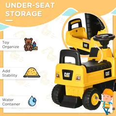 HOMCOM CAT Licensed Kids Ride on Digger Toddler Pretend Construction Play Toy Foot-To-Floor Ride-On Toy w/ Manual Shovel, Horn, Hidden Storage, for Ages 1-3 Years - 6