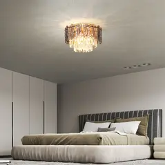 HOMCOM Chandelier Ceiling Light, 3-Light Vintage Flush Mount Fixture with Dual Crystal and Smoke Glass Shade, LED Ceiling Light for Living Room Bedroom, 3 E14 Sockets, Bulbs Not Included, Gold Tone - 9