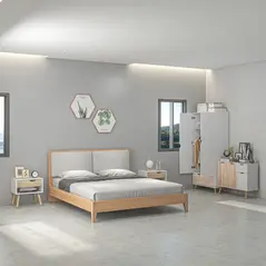 HOMCOM Bedroom Furniture Set, Wardrobe with Hanging Rod, Side Cabinet with Wood Legs, Bedside Table with Drawer, Nature Wood Finish and White - 2