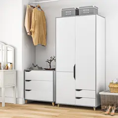 HOMCOM Bedroom Furniture Set, Wardrobe with Hanging Rail, 3 Drawer Chest of Drawers with Cut-out Handles, Grey and White - 2