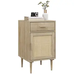 HOMCOM Bedside Table, Rattan Side Tables with Drawer, Cabinet and Adjustable Shelf, Boho Bedside Cabinet with Storage for Bedroom, Living Room, Natural Wood Effect - 1