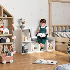 HOMCOM Bookcase Storage Shelf with Cushioned Reading Seat, Bookshelf Storage Cabinet for Study Living Room, White - 8