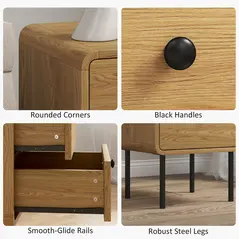 HOMCOM Bedside Table with 2 Drawers and Steel Legs - Oak - 5