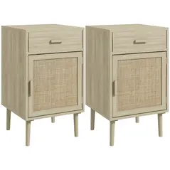 HOMCOM Bedside Table Set of 2, Rattan Side Tables with Drawer, Cabinet and Adjustable Shelf, Boho Bedside Cabinet with Storage for Bedroom, Living Room, Natural Wood Effect - 1