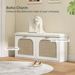 HOMCOM Boho Shoe Bench with Padded Seat and 2 Flip-Drawers - White - 4