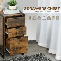 HOMCOM Bedroom Chest of Drawers Set of 2, Industrial 3-Drawer Dresser, Storage Drawers Unit with Metal Frame for Living Room, Rustic Brown - 4