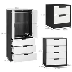 HOMCOM Bedroom Furniture Set, Wardrobe with Hanging Rod, 4 Drawer Chest of Drawers, 2 Bedside Tables with Storage, White and Black - 3